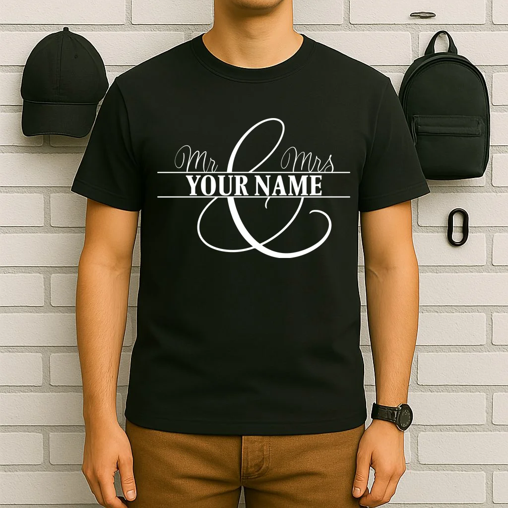 Mr. and Mrs. Custom Last Name Personalized Wedding Gift Anniversary T-Shirt - Front 6