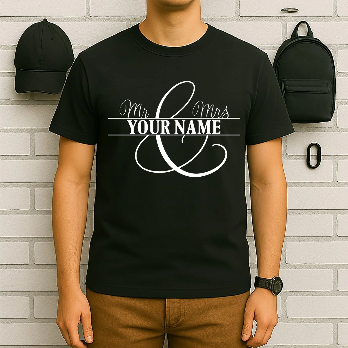 Mr. and Mrs. Custom Last Name Personalized Wedding Gift Anniversary T-Shirt - Front 6
