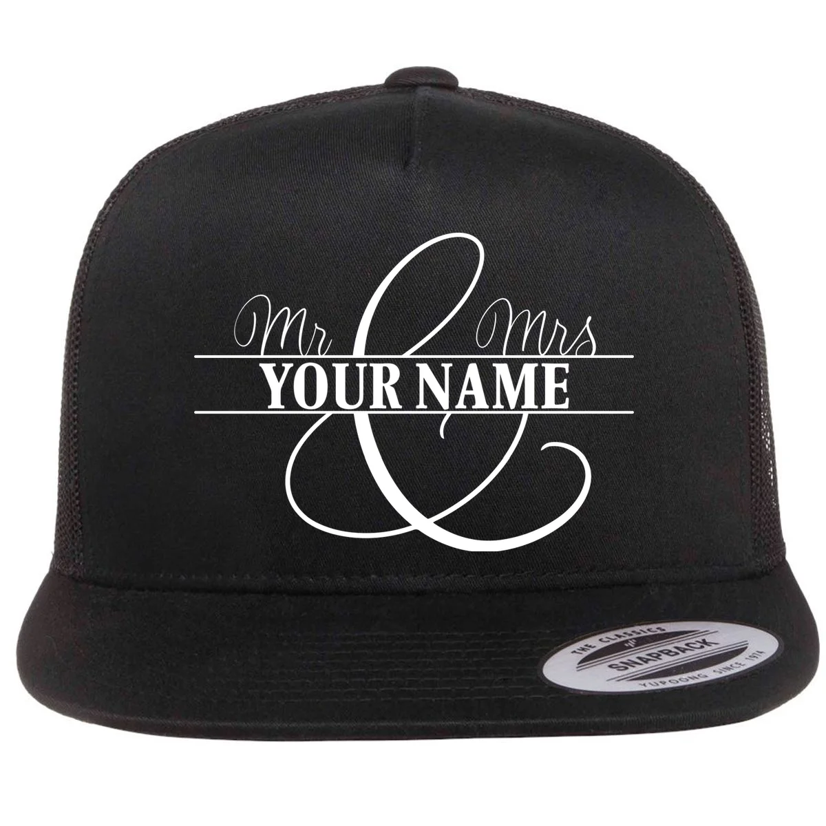 Mr. and Mrs. Custom Last Name Personalized Wedding Gift Anniversary Flat Bill Trucker Hat - Front