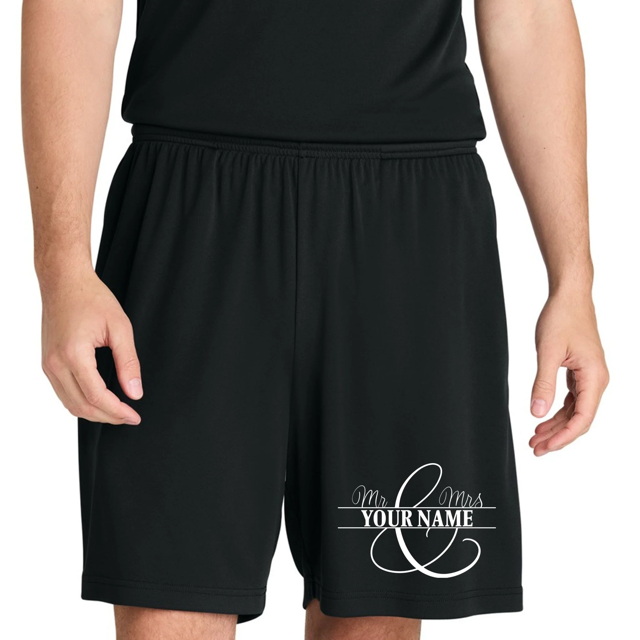 Mr. and Mrs. Custom Last Name Personalized Wedding Gift Anniversary Men's Shorts - Front 1