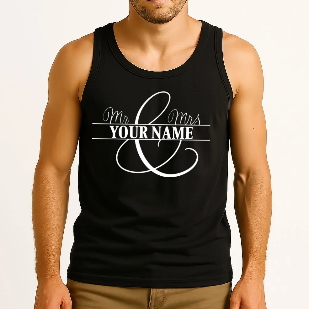 Mr. and Mrs. Custom Last Name Personalized Wedding Gift Anniversary Tank Top - Front 2