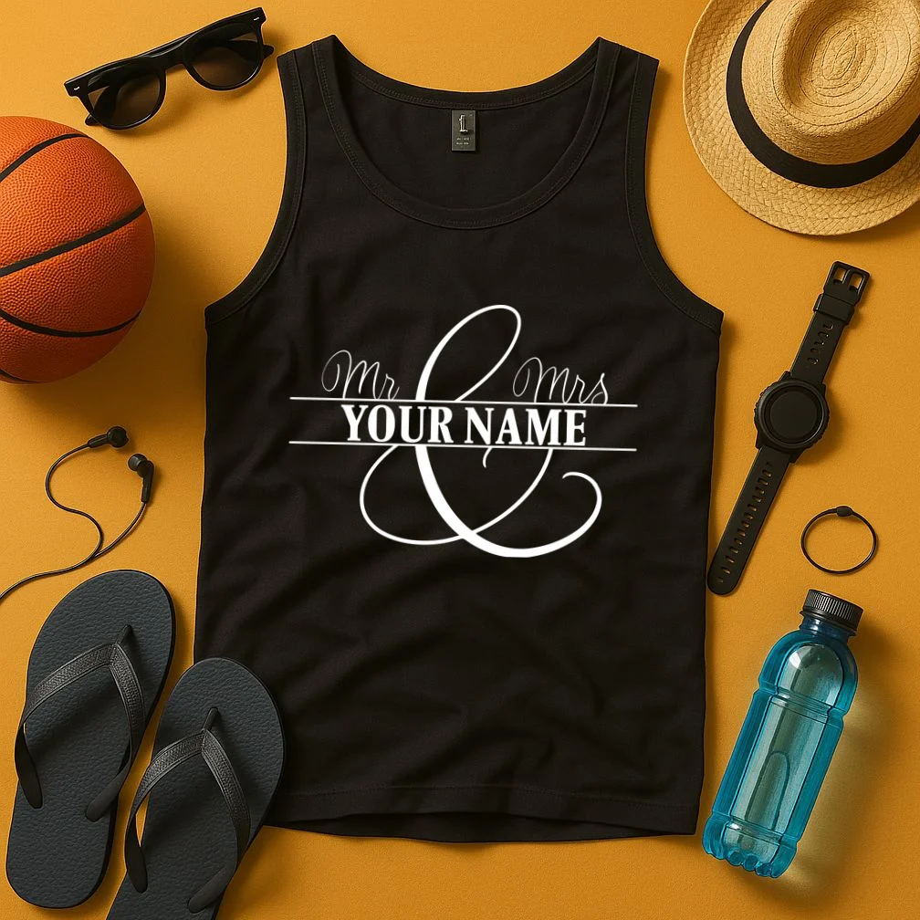 Mr. and Mrs. Custom Last Name Personalized Wedding Gift Anniversary Tank Top - Front 3