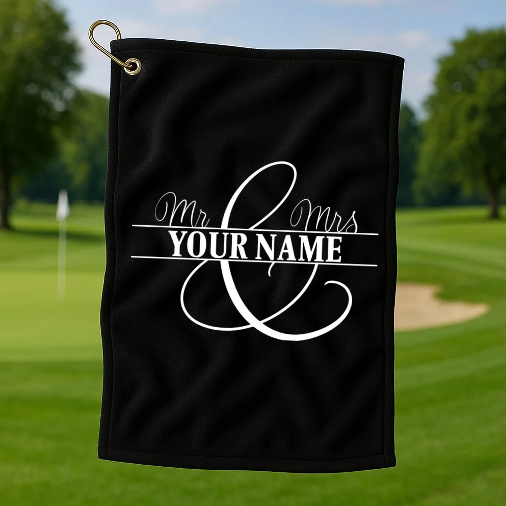 Mr. and Mrs. Custom Last Name Personalized Wedding Gift Anniversary Golf Towel - Front 1