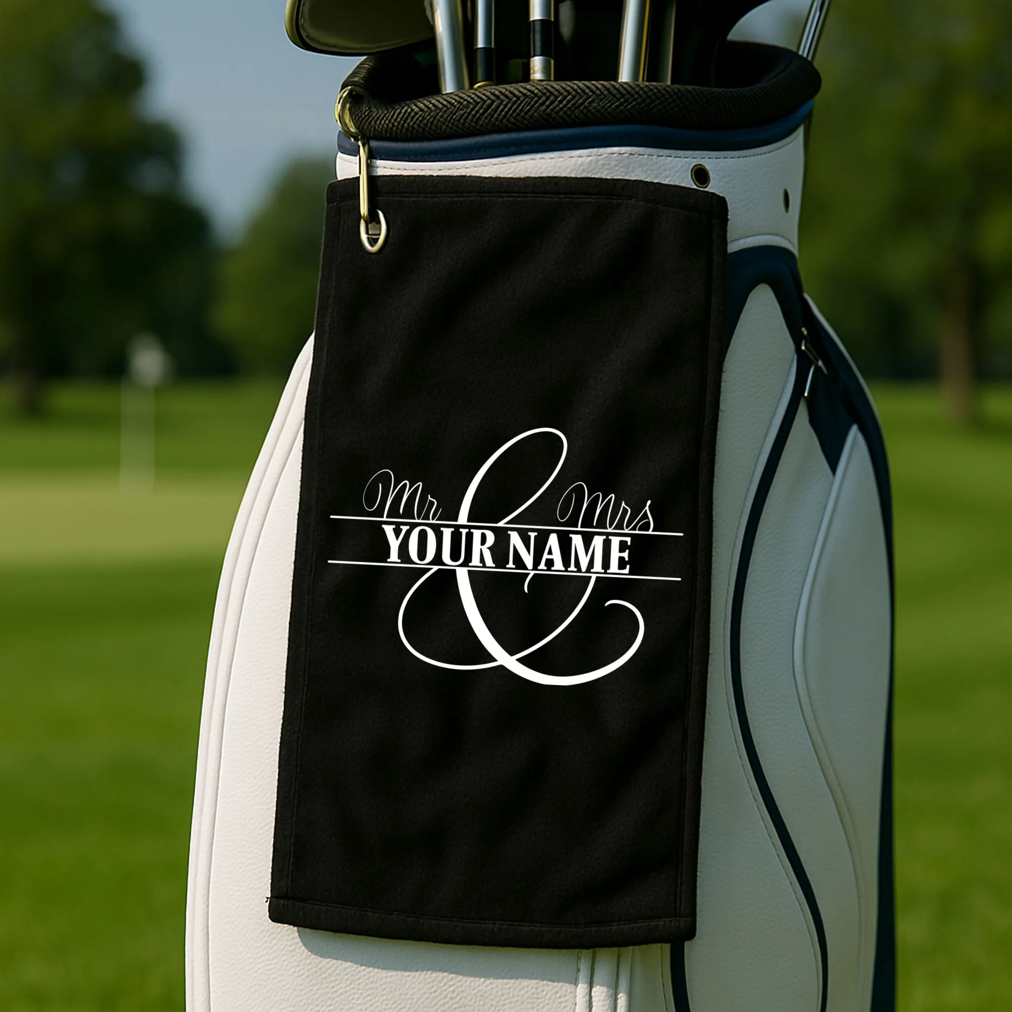 Mr. and Mrs. Custom Last Name Personalized Wedding Gift Anniversary Golf Towel - Front 2