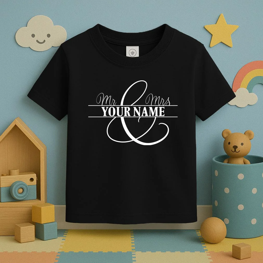 Mr. and Mrs. Custom Last Name Personalized Wedding Gift Anniversary Toddler T-Shirt - Front 2