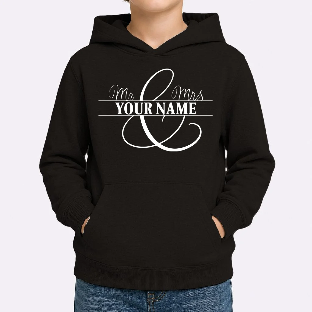 Mr. and Mrs. Custom Last Name Personalized Wedding Gift Anniversary Kids Hoodie - Front 1