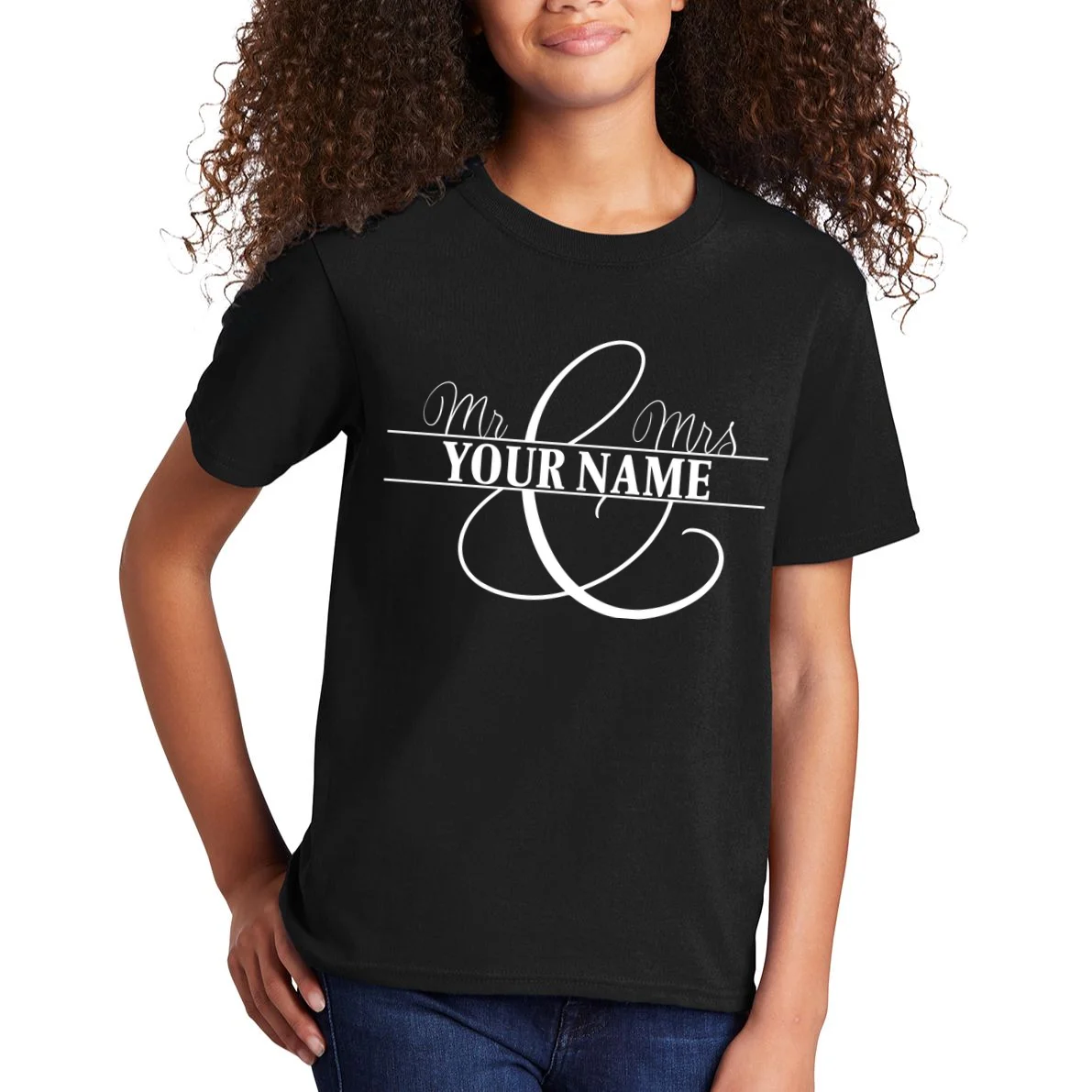 Mr. and Mrs. Custom Last Name Personalized Wedding Gift Anniversary Kids T-Shirt - Front 1