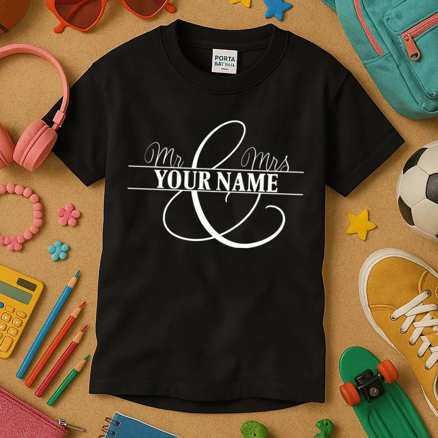 Mr. and Mrs. Custom Last Name Personalized Wedding Gift Anniversary Kids T-Shirt - Front 2