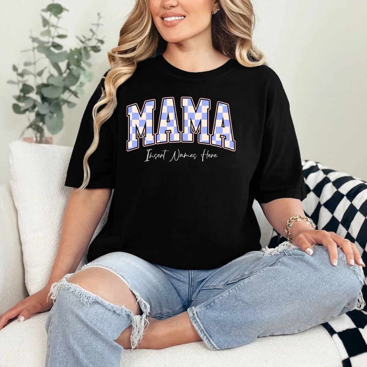 MAMA Blue Checkered Customizable Comfort Colors Unisex T-Shirt for Mother's Day - Front 1