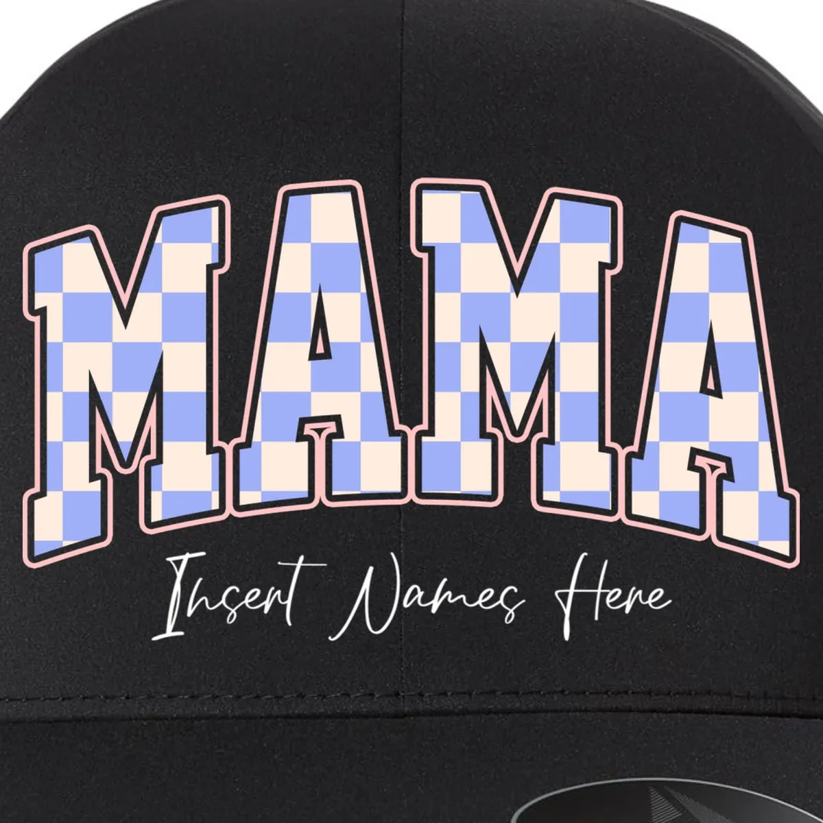 MAMA Blue Checkered Customizable Flexfit Men's Snapback Hat for Mother's Day - Front - Close-up