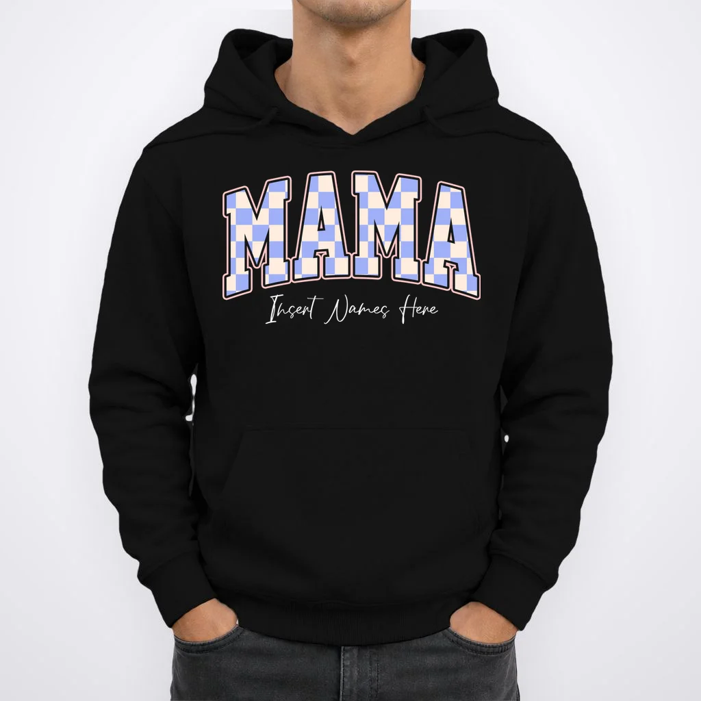 MAMA Blue Checkered Customizable Men's Hoodie for Mother's Day - Front 1