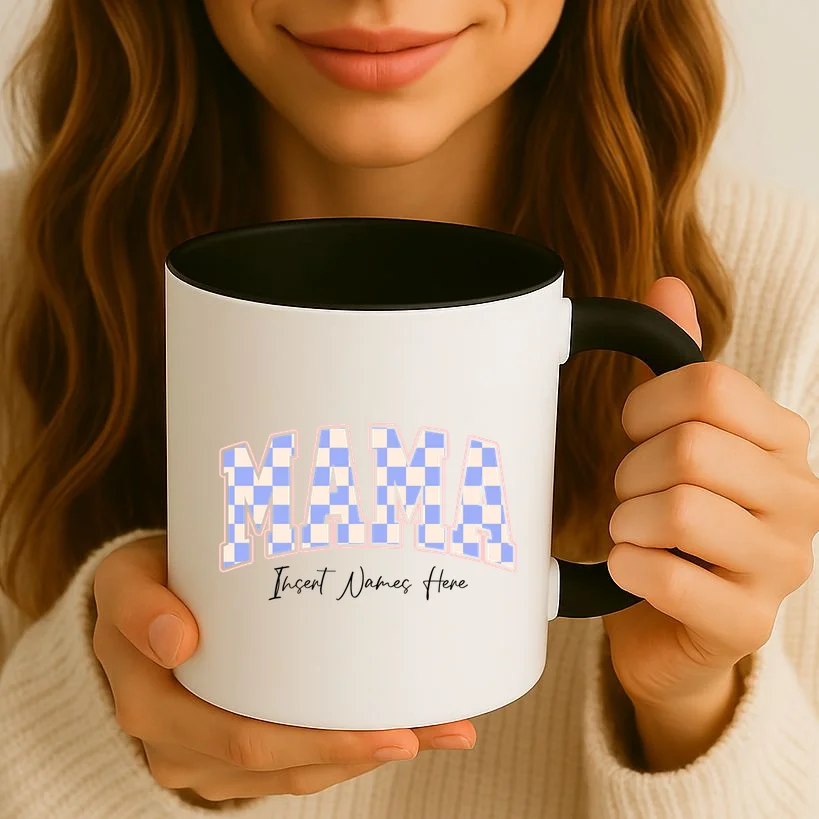 MAMA Blue Checkered Customizable Mug for Mother's Day - Front 2