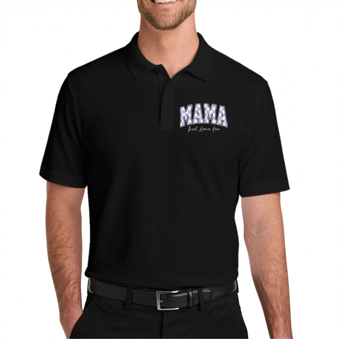 MAMA Blue Checkered Customizable Men's Polo for Mother's Day - Front 1