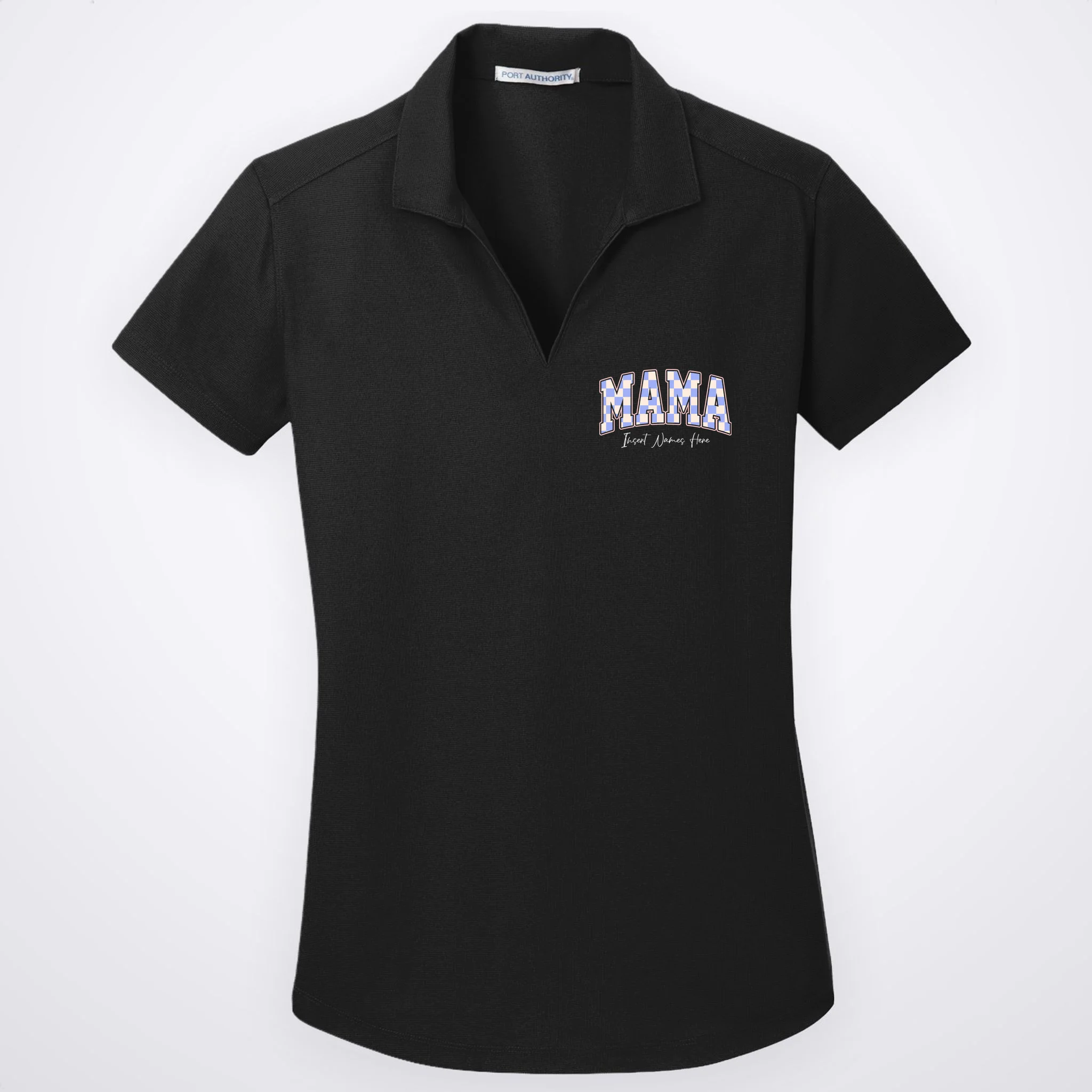 MAMA Blue Checkered Customizable Women's Polo for Mother's Day - Front