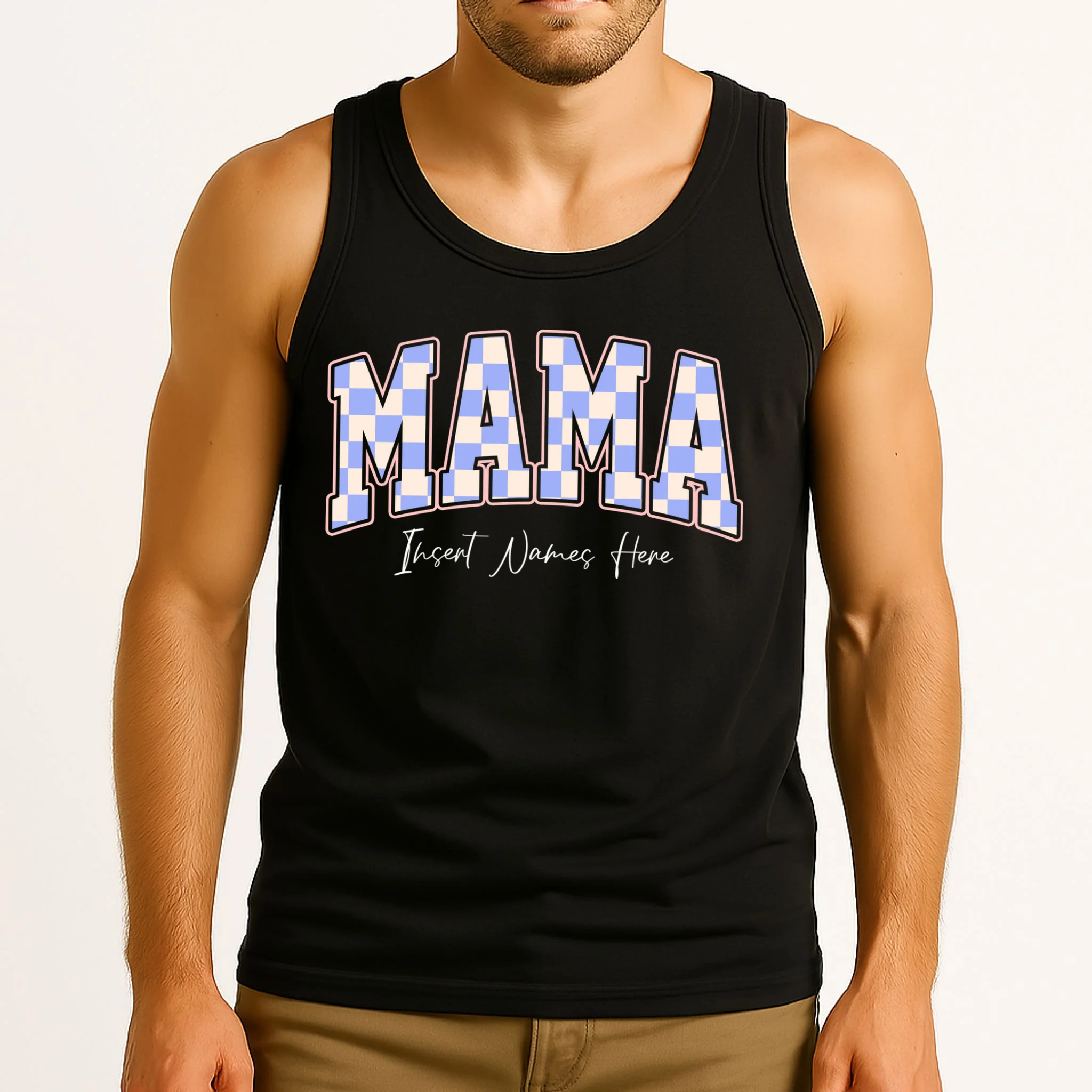 MAMA Blue Checkered Customizable Men's Tank Top for Mother's Day - Front 2