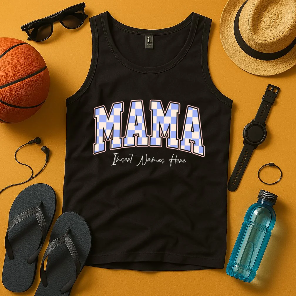 MAMA Blue Checkered Customizable Men's Tank Top for Mother's Day - Front 3