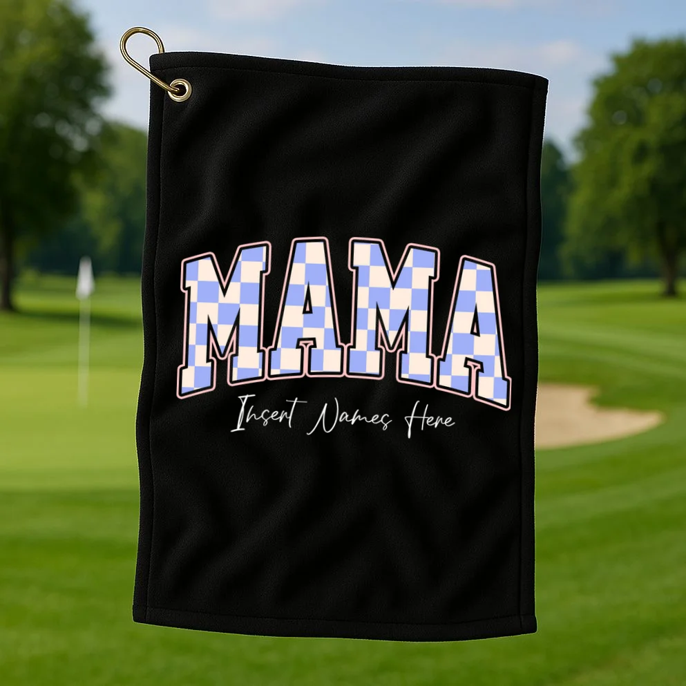 MAMA Blue Checkered Customizable Golf Towel for Mother's Day - Front 1
