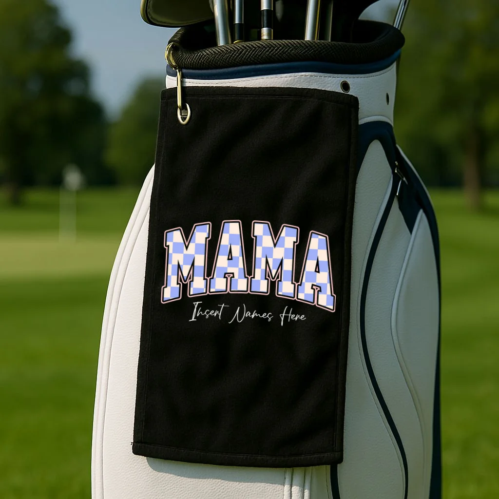 MAMA Blue Checkered Customizable Golf Towel for Mother's Day - Front 2