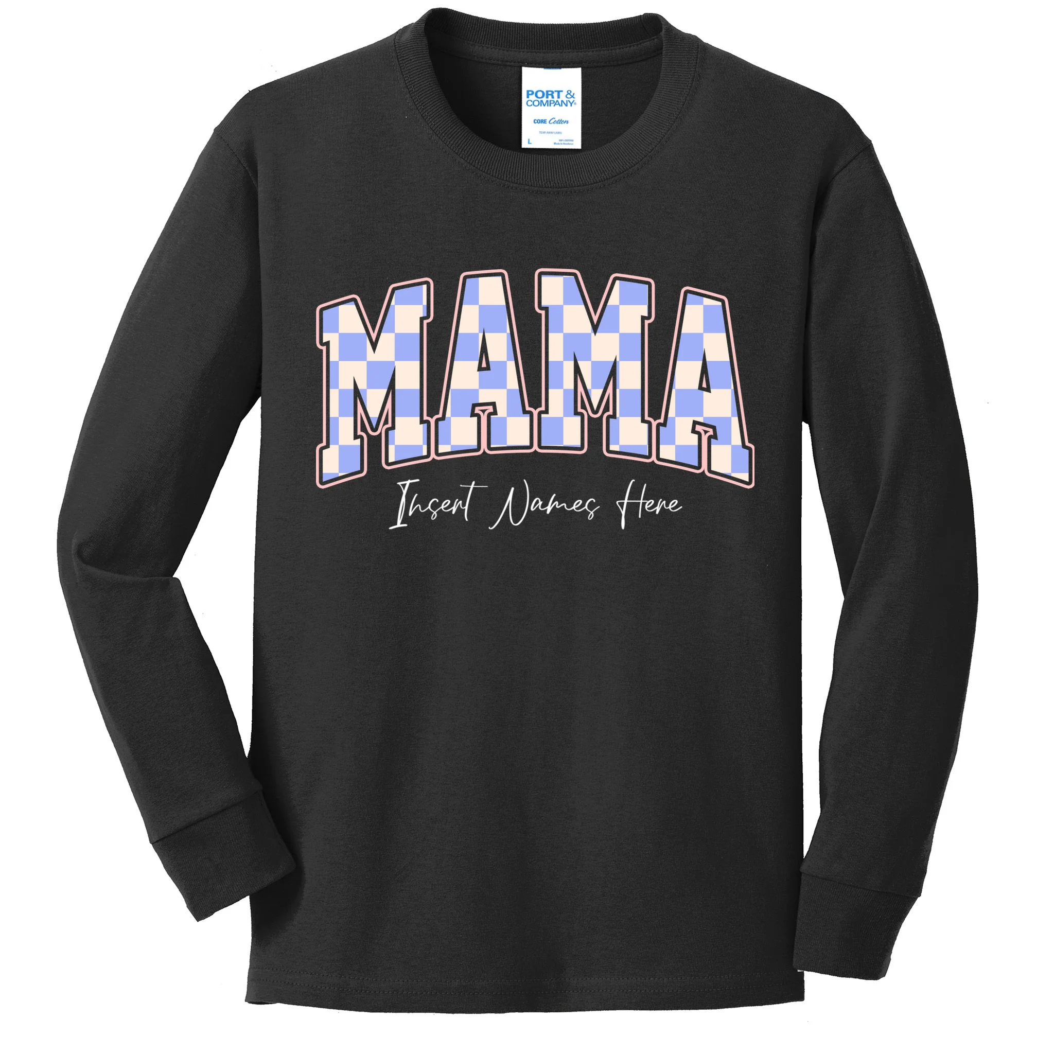 MAMA Blue Checkered Customizable Kids Long Sleeve Shirt for Mother's Day - Front