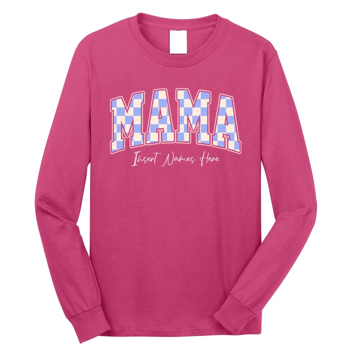MAMA Blue Checkered Customizable Men's Long Sleeve Shirt for Mother's Day - Front