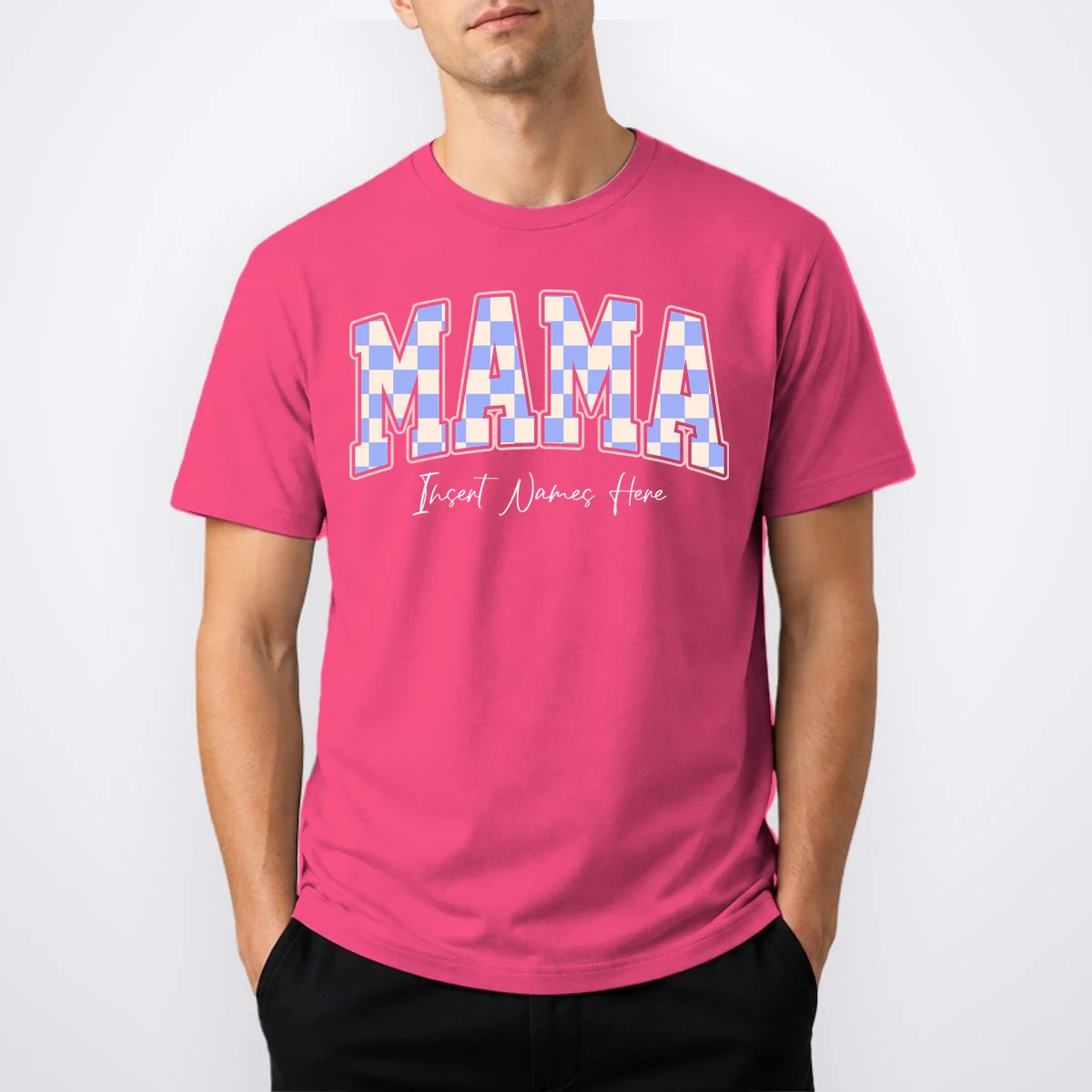 MAMA Blue Checkered Customizable Men's T-Shirt for Mother's Day - Front 1