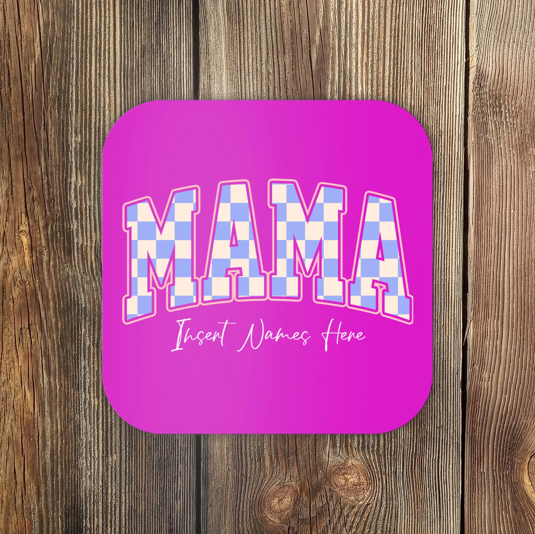 MAMA Blue Checkered Customizable Coaster for Mother's Day - Front