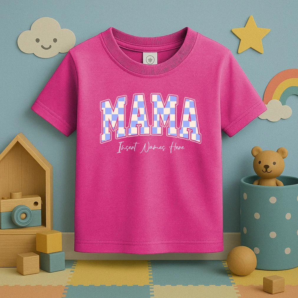 MAMA Blue Checkered Customizable Toddler T-Shirt for Mother's Day - Front 2