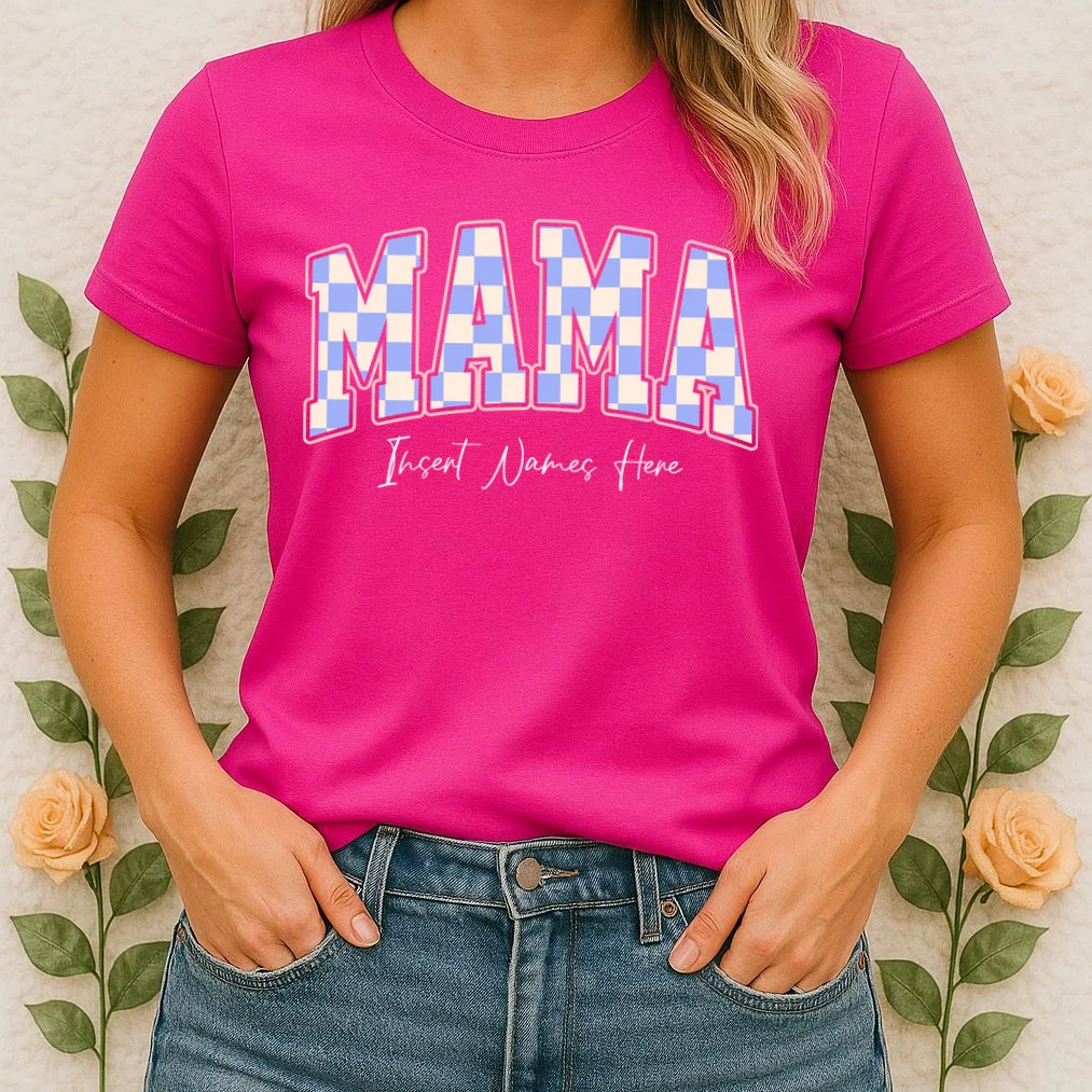 MAMA Blue Checkered Customizable Women's T-Shirt for Mother's Day - Front 1