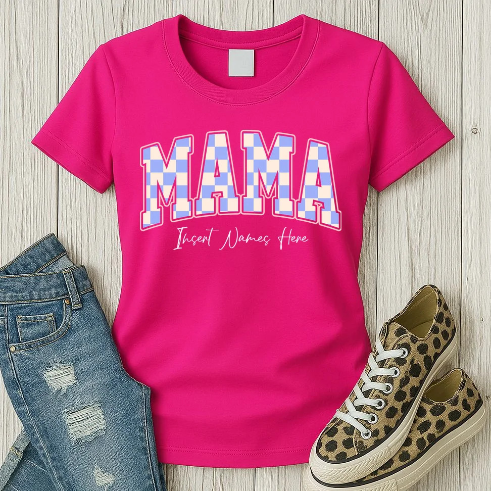 MAMA Blue Checkered Customizable Women's T-Shirt for Mother's Day - Front 2