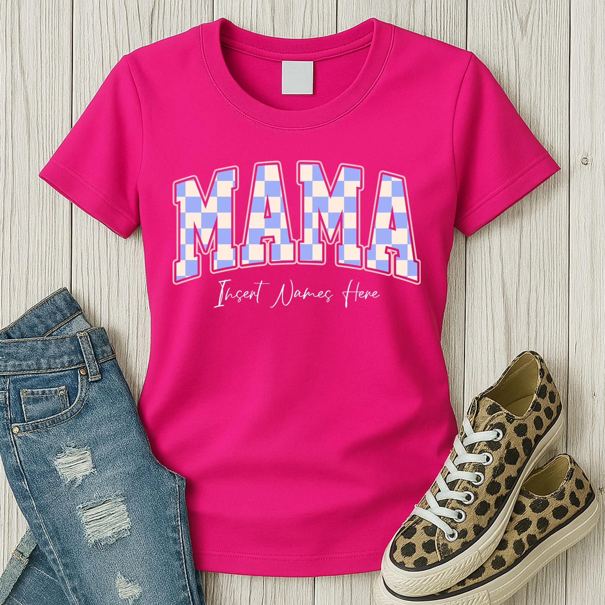 MAMA Blue Checkered Customizable Women's T-Shirt for Mother's Day - Front 2