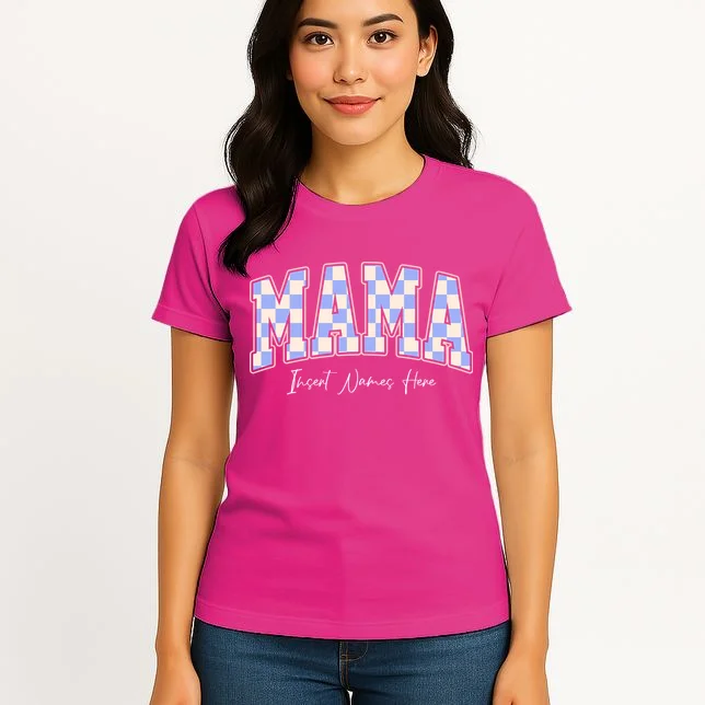 MAMA Blue Checkered Customizable Women's T-Shirt for Mother's Day - Front 3