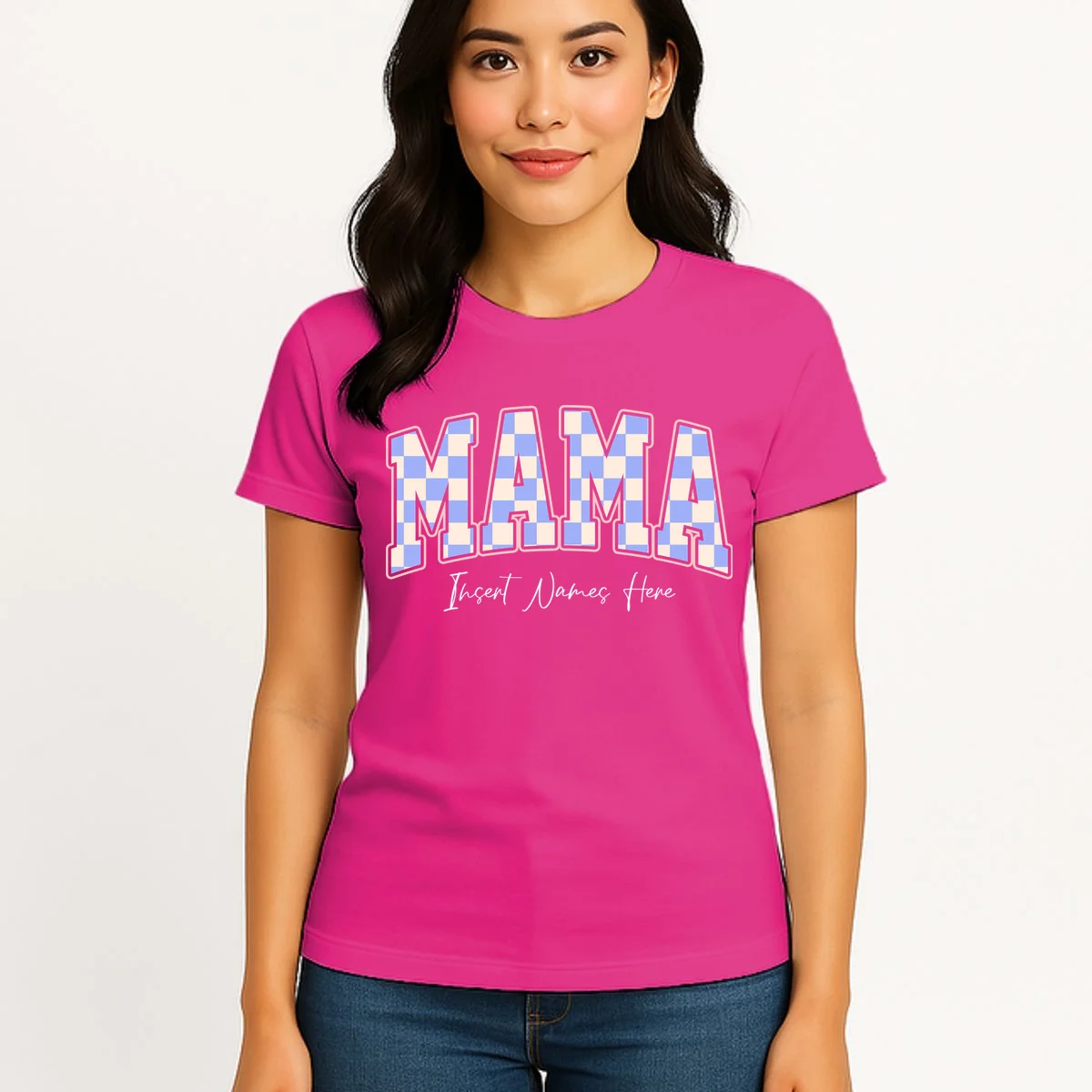 MAMA Blue Checkered Customizable Women's T-Shirt for Mother's Day - Front 3