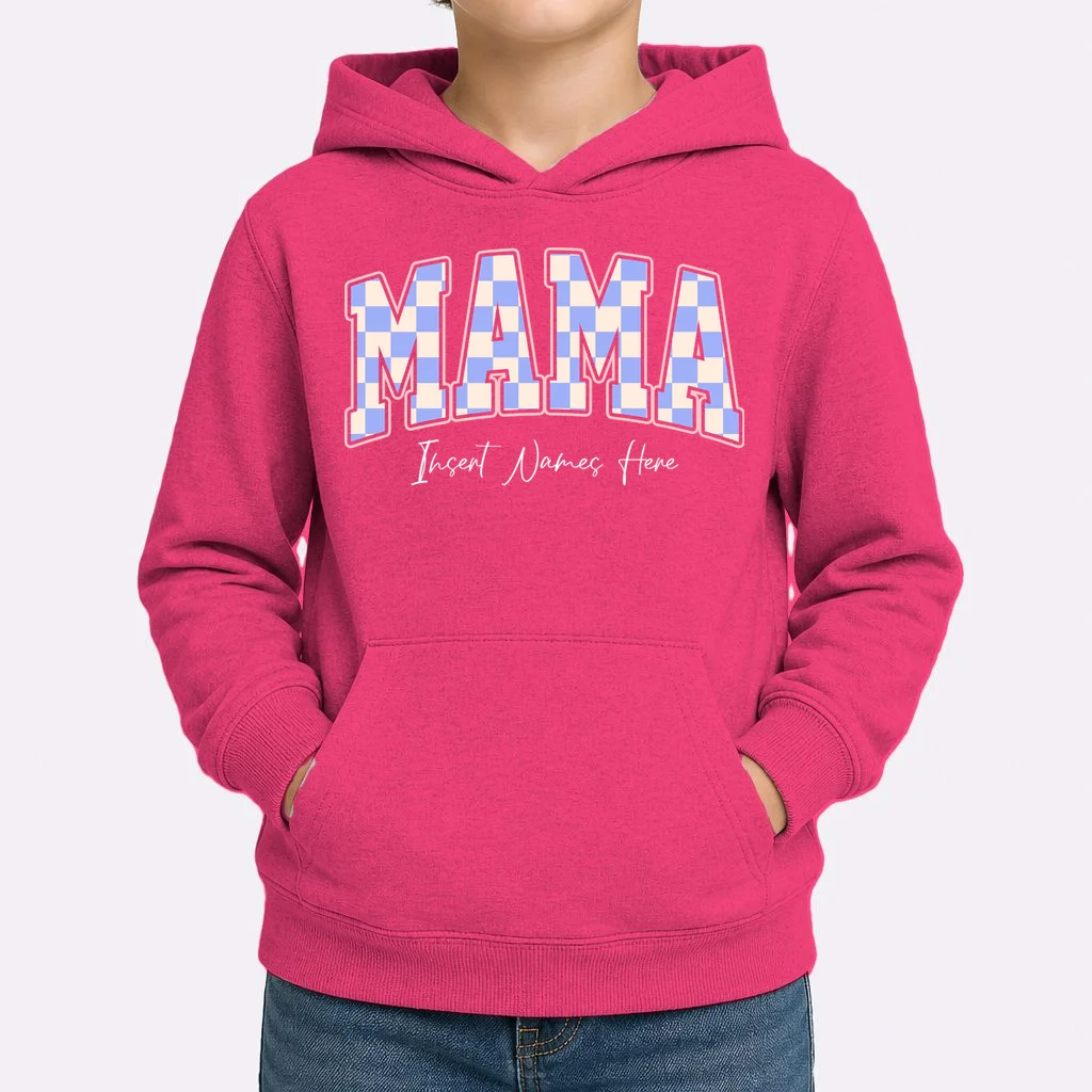 MAMA Blue Checkered Customizable Kids Hoodie for Mother's Day - Front 1