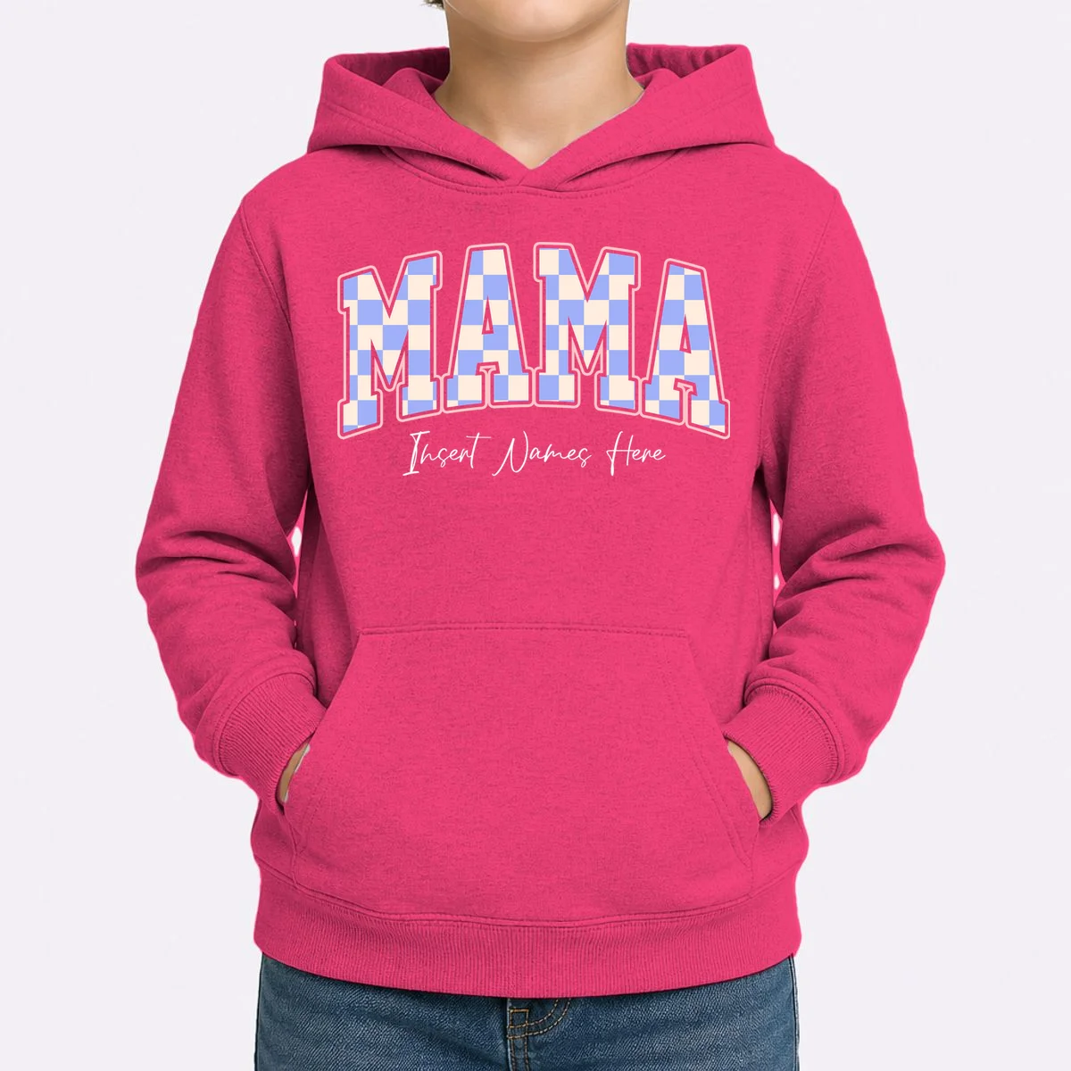 MAMA Blue Checkered Customizable Kids Hoodie for Mother's Day - Front 1