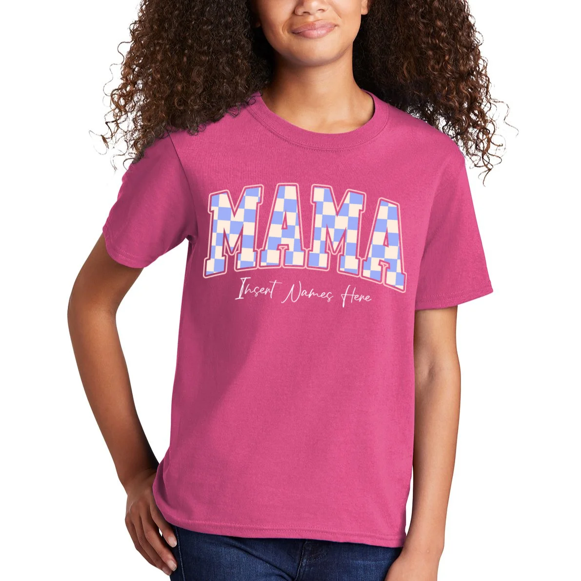 MAMA Blue Checkered Customizable Kids T-Shirt for Mother's Day - Front 1