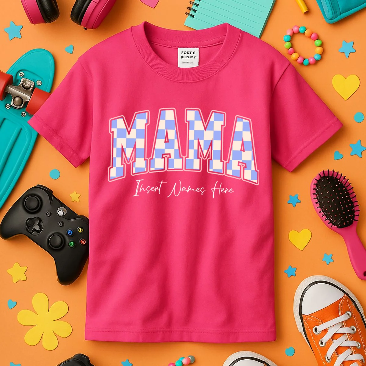 MAMA Blue Checkered Customizable Kids T-Shirt for Mother's Day - Front 2