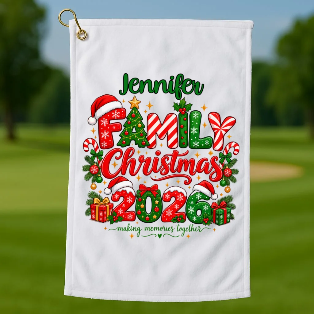 Merry Christmas 2026 – Festive Holiday Typography & Christmas Ornaments Design Golf Towel - Front 1