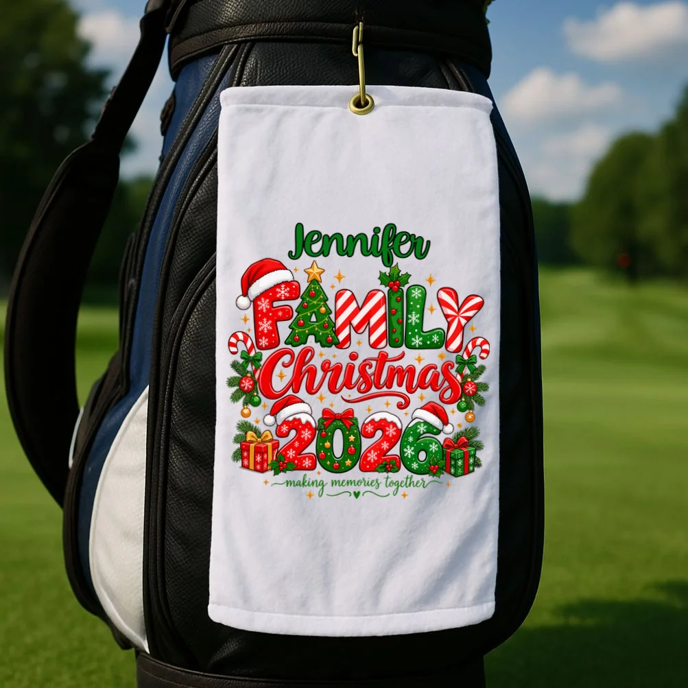 Merry Christmas 2026 – Festive Holiday Typography & Christmas Ornaments Design Golf Towel - Front 2