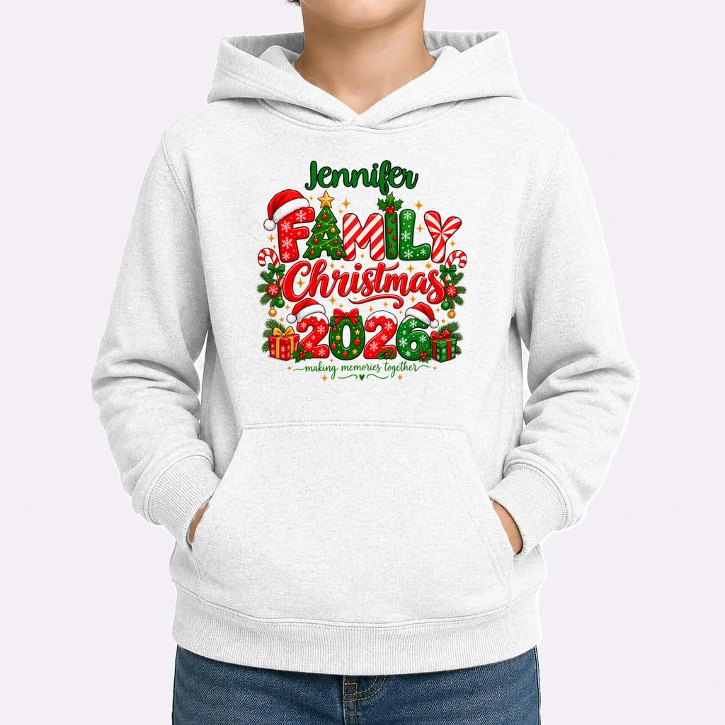 Merry Christmas 2026 – Festive Holiday Typography & Christmas Ornaments Design Kids Hoodie - Front 1
