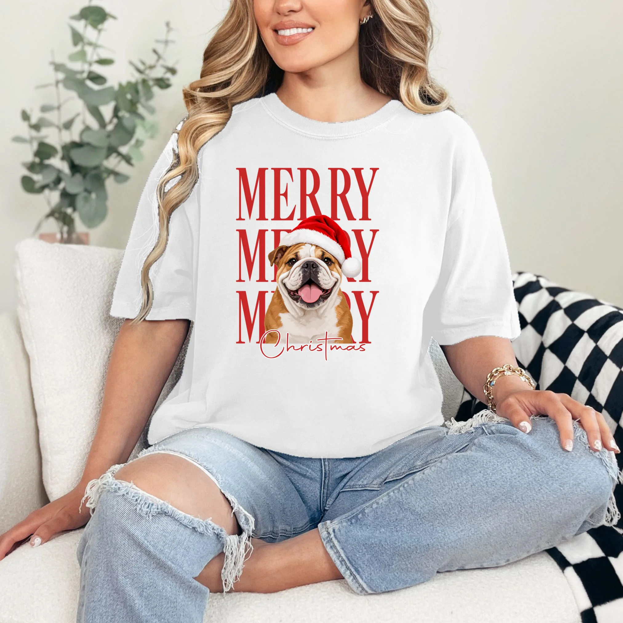 Merry Christmas Dog Personalized Photo Custom Gift - Christmas Pet Portrait Santa Hat Comfort Colors Unisex T-Shirt - Front 1