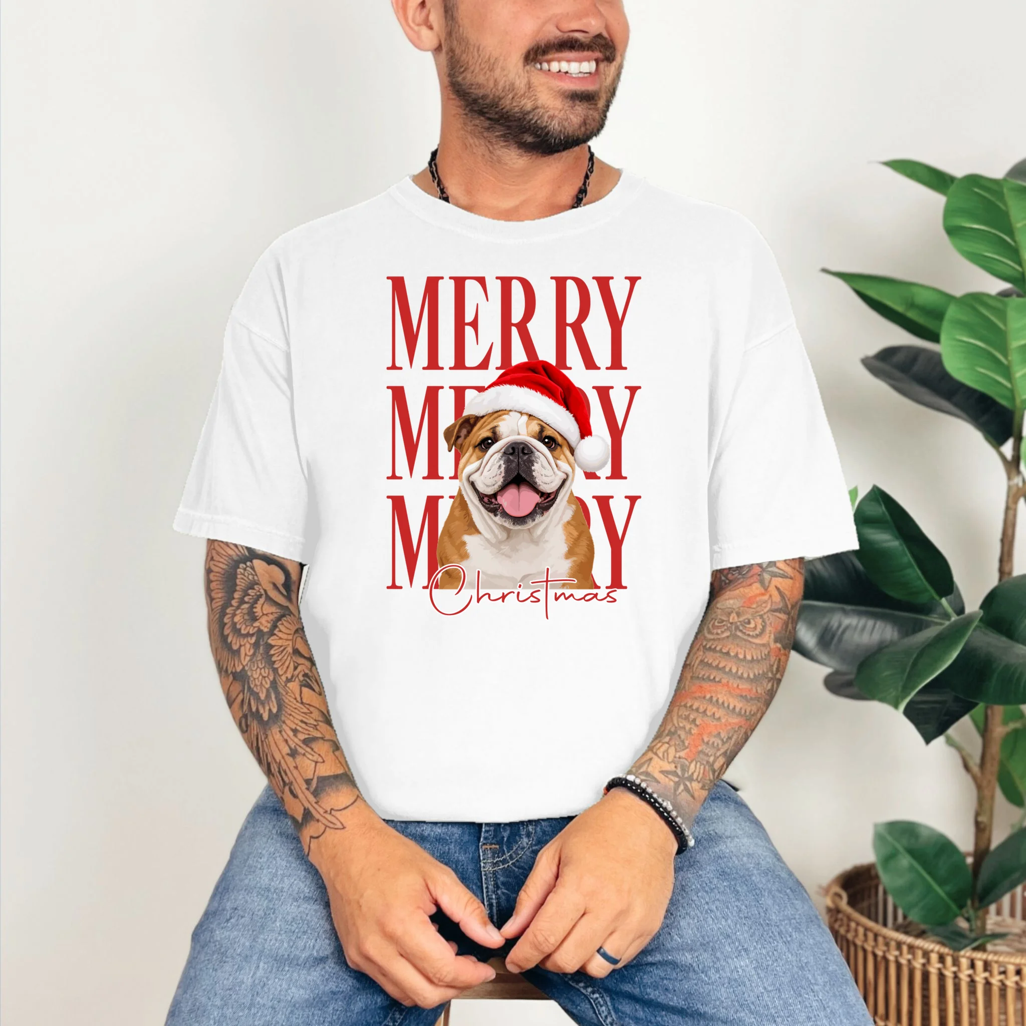 Merry Christmas Dog Personalized Photo Custom Gift - Christmas Pet Portrait Santa Hat Comfort Colors Unisex T-Shirt - Front 2