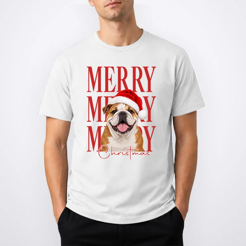 Merry Christmas Dog Personalized Photo Custom Gift - Christmas Pet Portrait Santa Hat Men's T-Shirt - Front 1