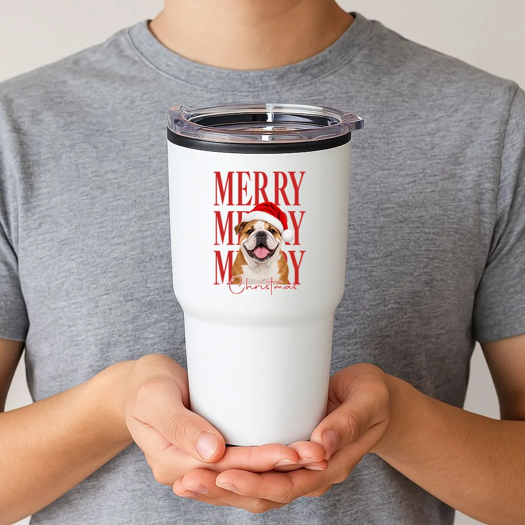 Merry Christmas Dog Personalized Photo Custom Gift - Christmas Pet Portrait Santa Hat 20oz Tumbler - Front 1