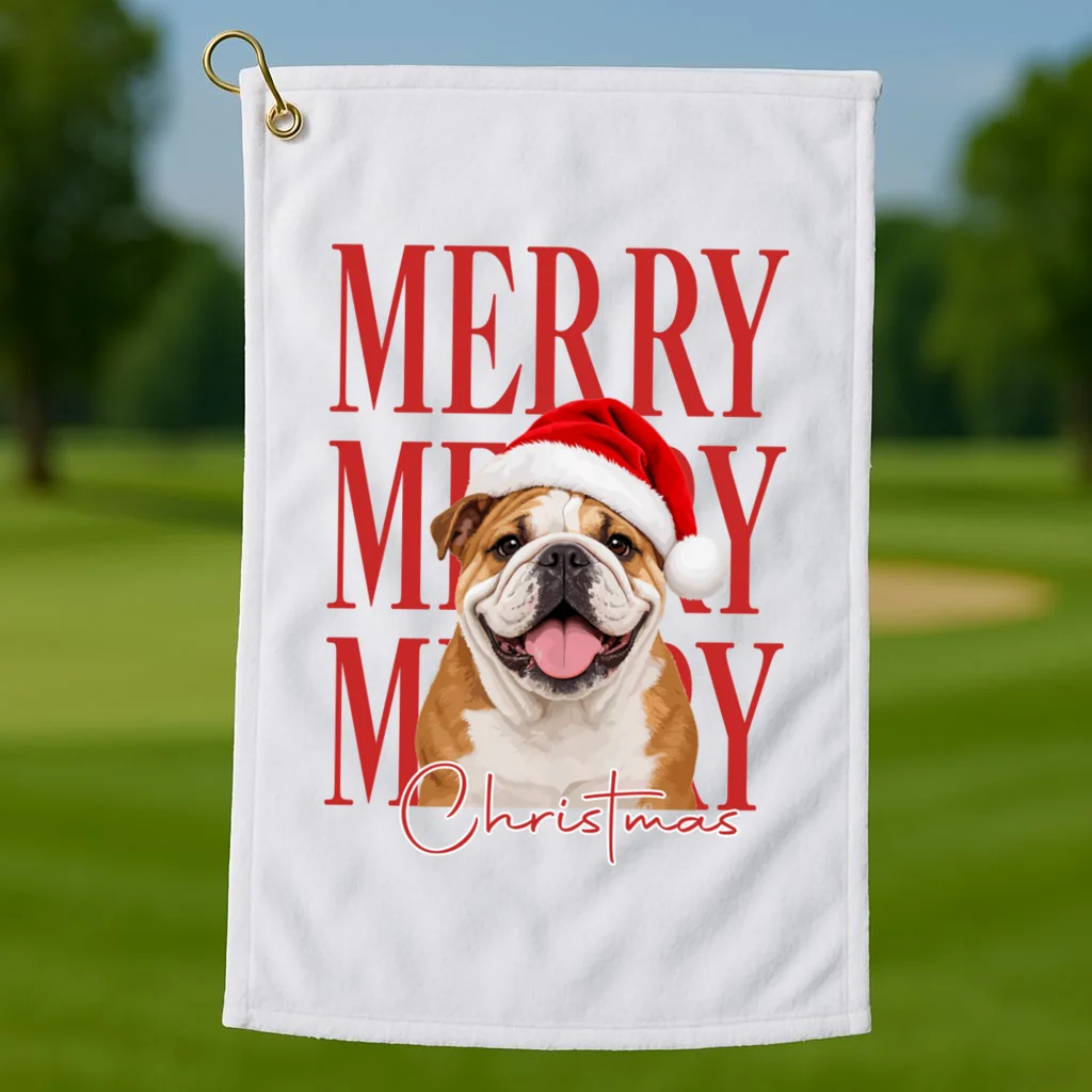 Merry Christmas Dog Personalized Photo Custom Gift - Christmas Pet Portrait Santa Hat Golf Towel - Front 1