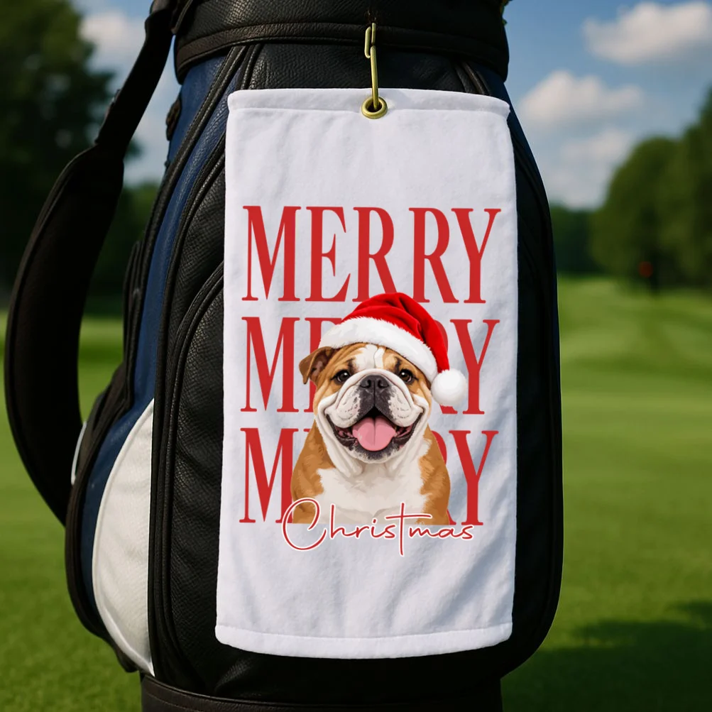 Merry Christmas Dog Personalized Photo Custom Gift - Christmas Pet Portrait Santa Hat Golf Towel - Front 2