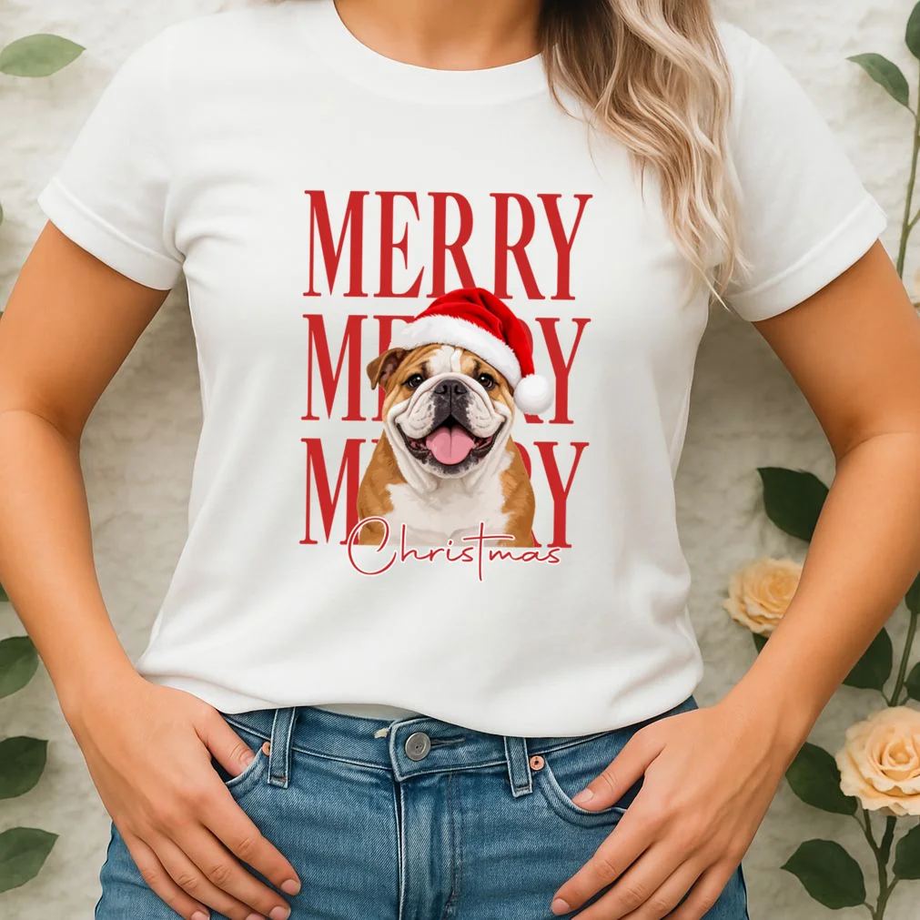 Merry Christmas Dog Personalized Photo Custom Gift - Christmas Pet Portrait Santa Hat Women's T-Shirt - Front 1