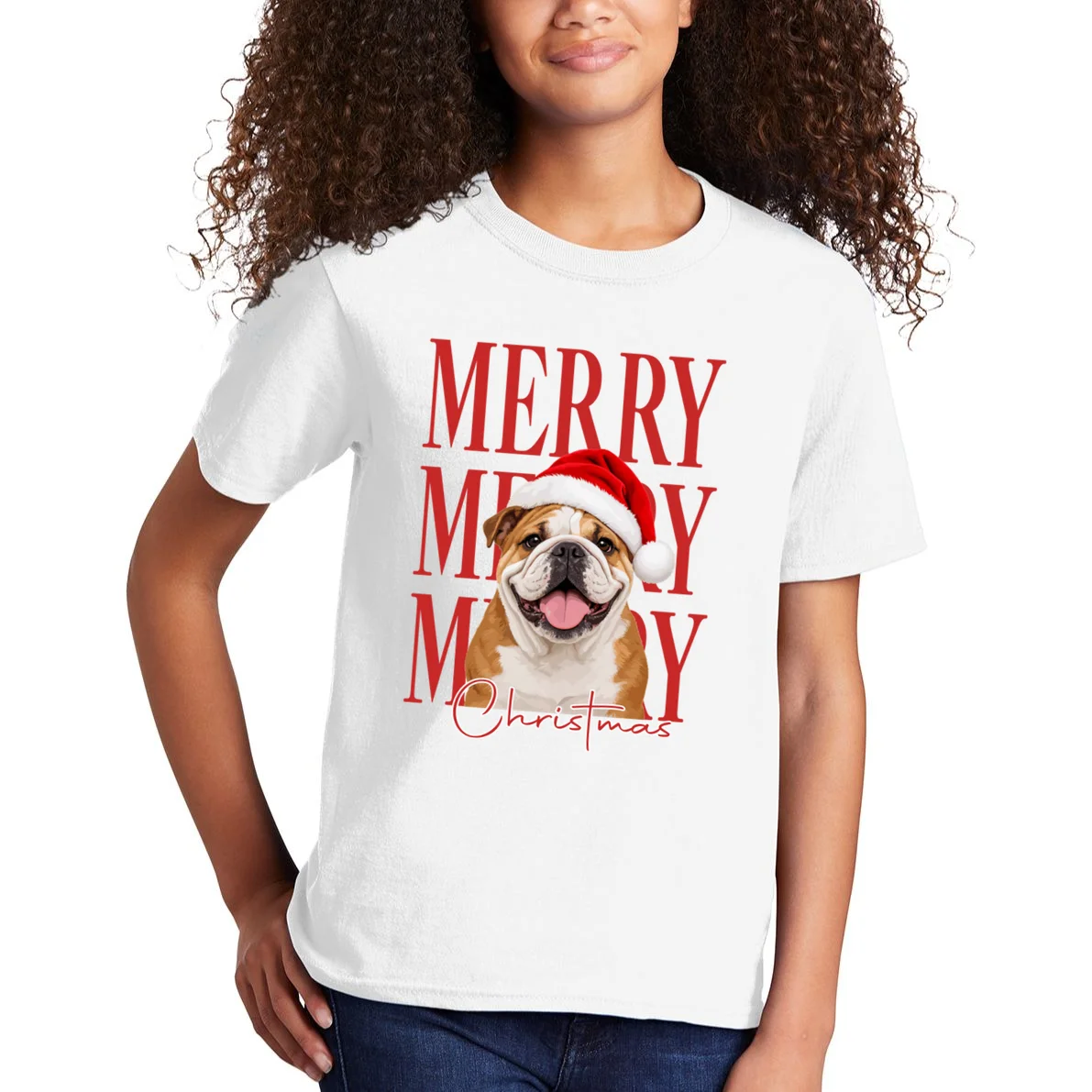 Merry Christmas Dog Personalized Photo Custom Gift - Christmas Pet Portrait Santa Hat Kids T-Shirt - Front 1