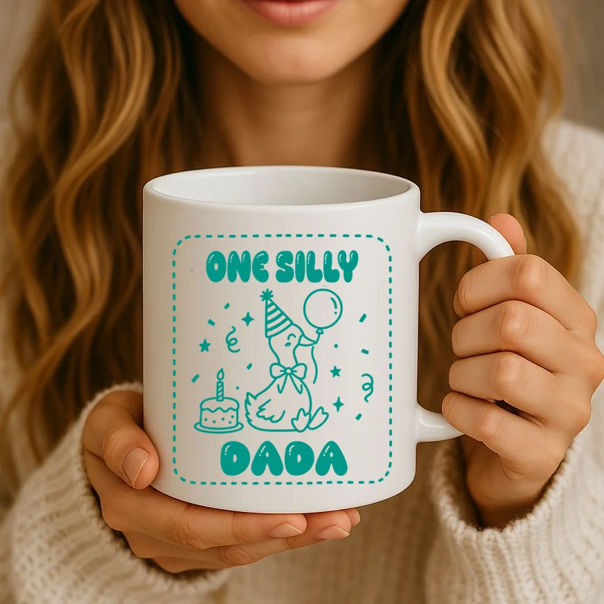 Mama & Dada First Birthday Personalized Gift - Cute Goose Illustration Birthday Design Mug - Front 2