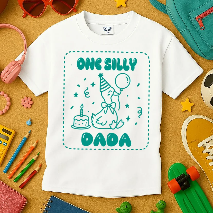 Mama & Dada First Birthday Personalized Gift - Cute Goose Illustration Birthday Design Kids T-Shirt - Front 2