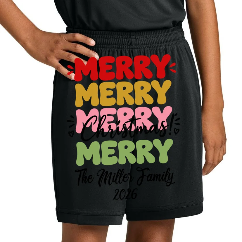 Custom Name and Year Merry Merry Christmas | Personalized Festive Holiday Celebration & Xmas Design Kids Shorts - Front 1